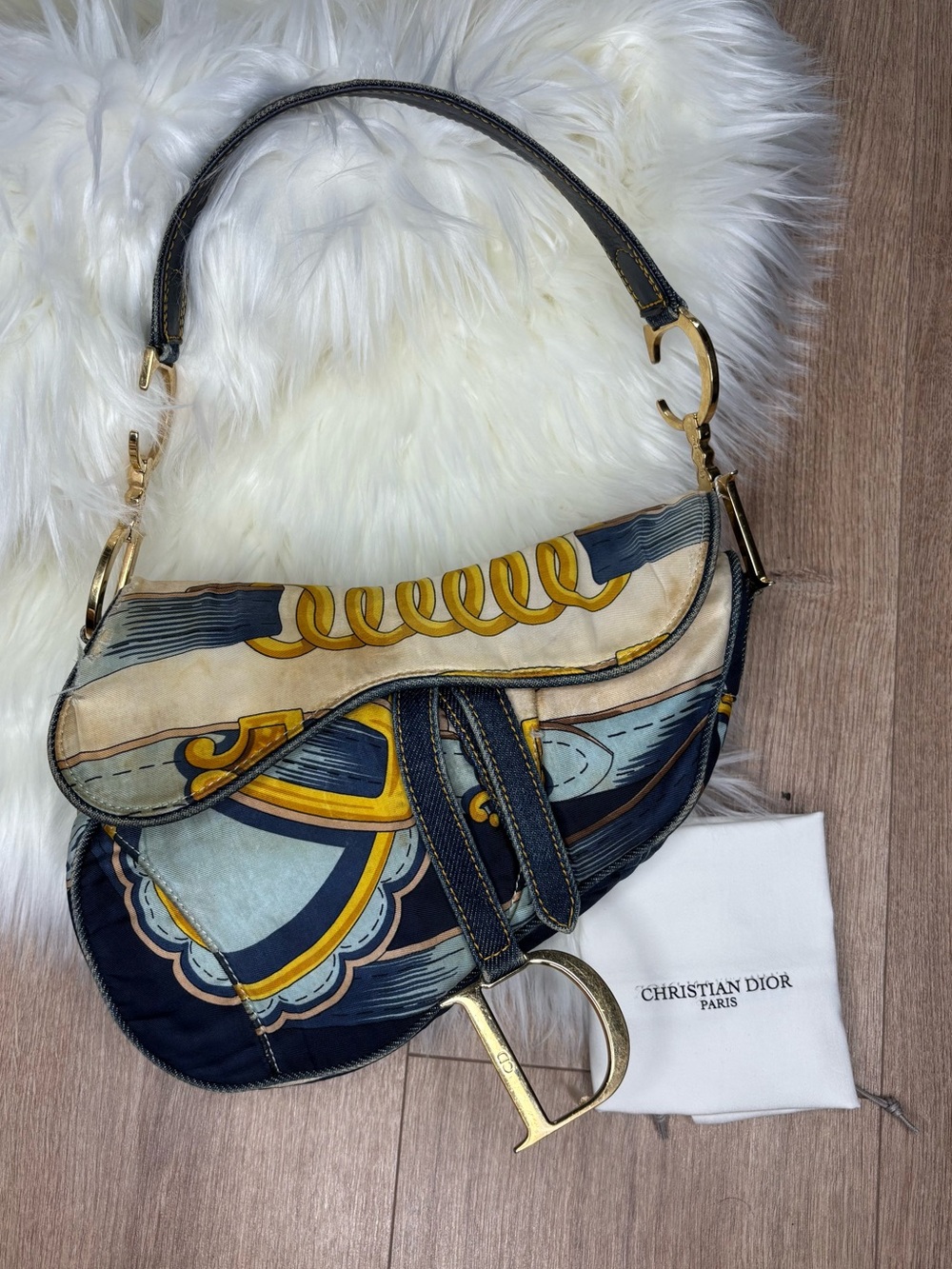 💙 RARE✨ Dior Blue Saddle Satin Chain Print Bag - Picture 1 of 17